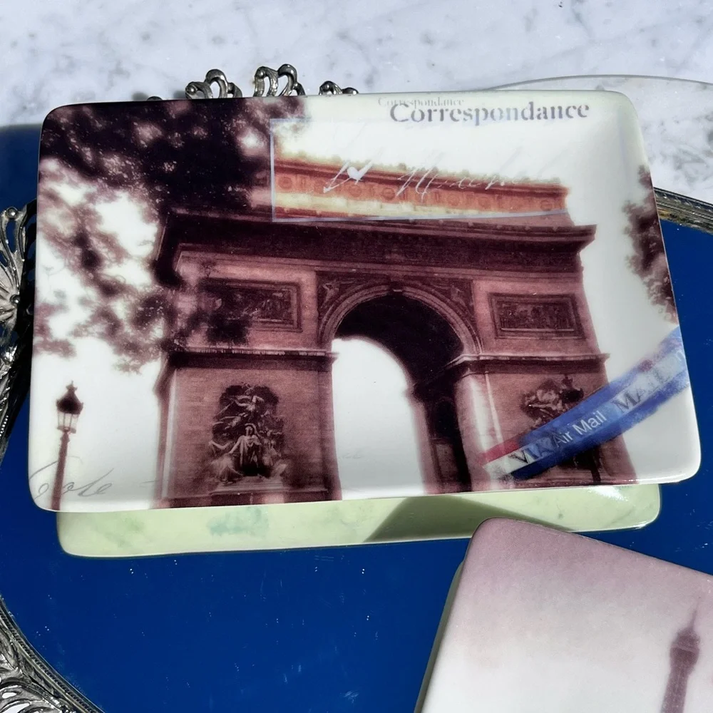 Restoration Hardware Vintage Parisian-themed Postcard Plates Trinket Trays Set 3